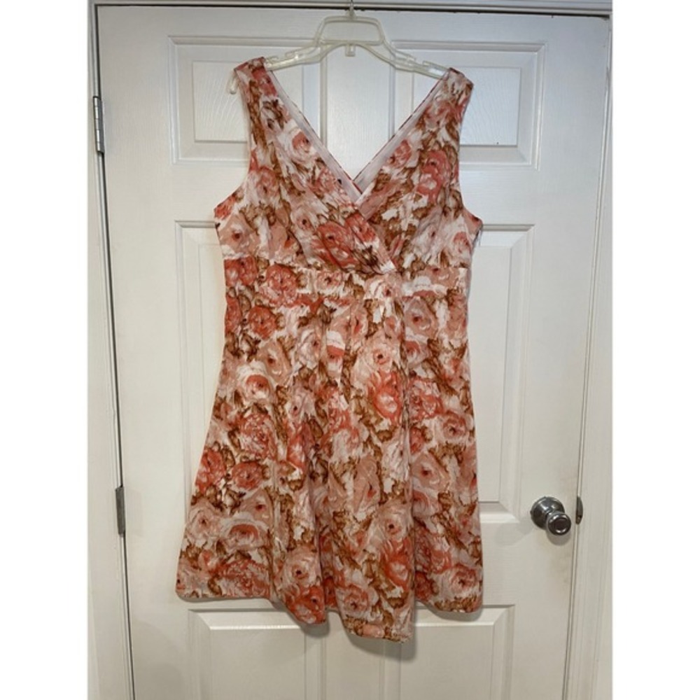 Lands' End 100% Cotton Sleeveless Floral Print V Neck Dress XL Peach Brown‎ Tan